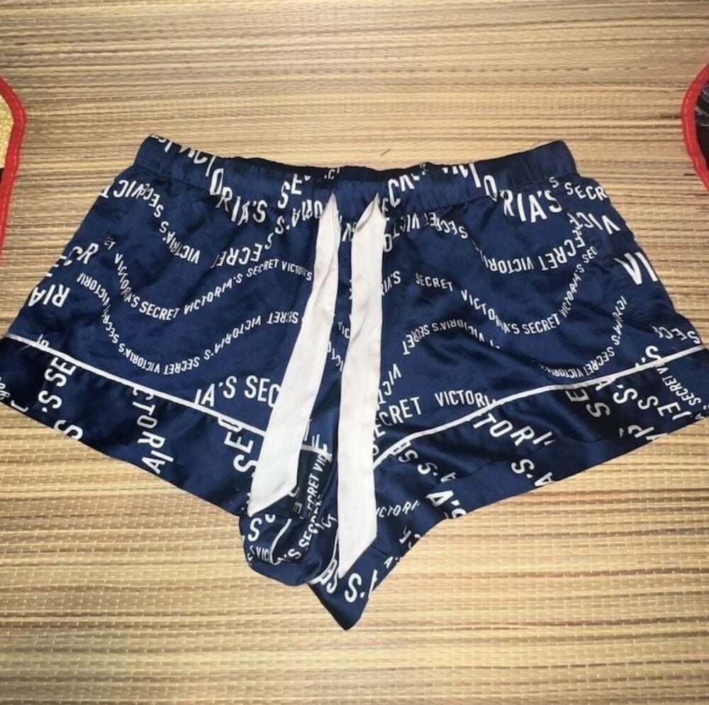 Victoria's Secret Navy Blue Satin Pajama Sleep Shorts with All-Over Logo Print